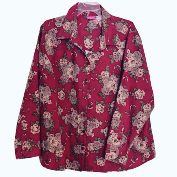 Papagallo Blouse Long Sleeve Burgundy Print 2X - Picture 3 of 16